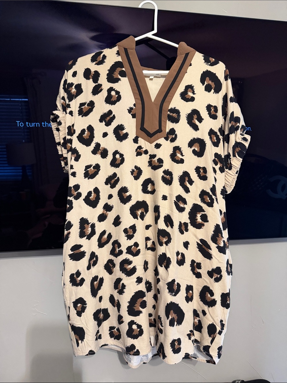 entro Beige and Black Leopard Print V-Neck Dress with Brown Trim